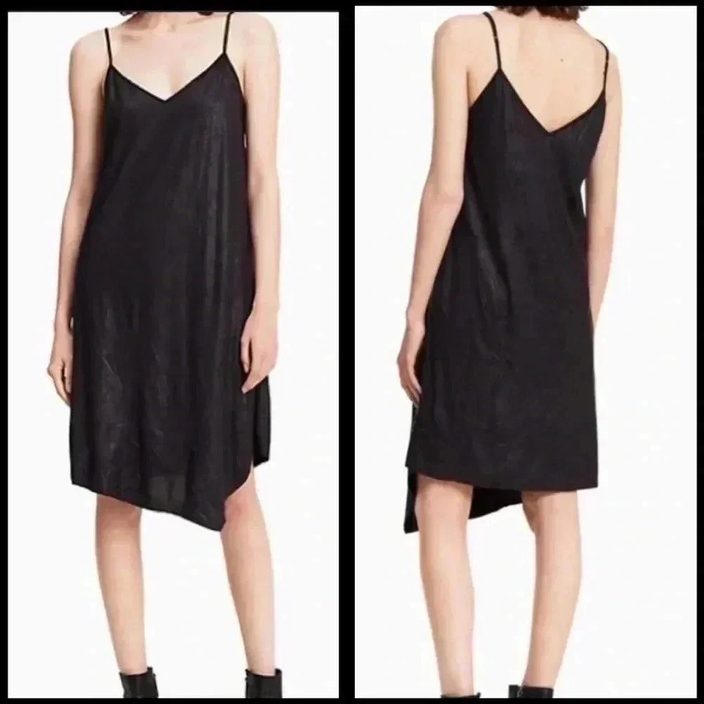 Calvin Klein Black Coated Crinkle Texture  Goth Asymmetrical Hem Vamp Dress M